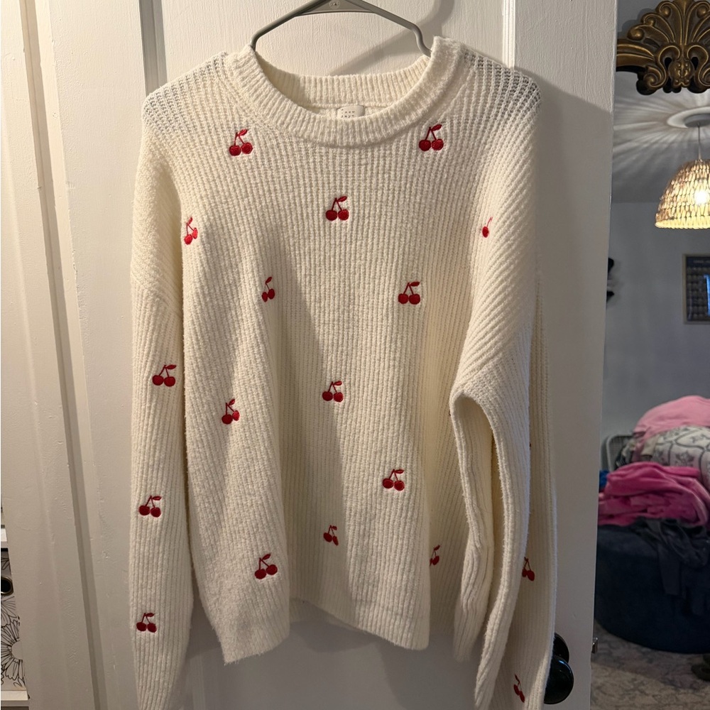 a new day Cream Sweater with Red Cherry Embroidery